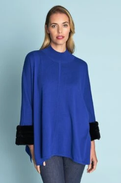 Cobalt Faux Fur Trim Poncho