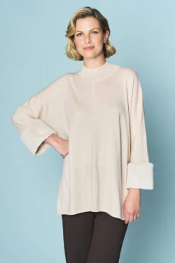 Beige Faux Fur Trim Poncho