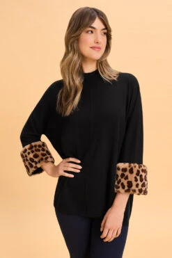 Leopard Faux Fur Trim Poncho