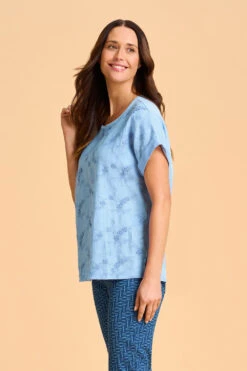 Mixed Linen Floral T-Shirt -Blue Illusion 8A MIXEDLINENFLORALTSHIRT 593