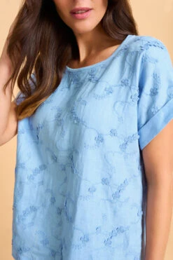 Mixed Linen Floral T-Shirt -Blue Illusion 8A MIXEDLINENFLORALTSHIRT 605