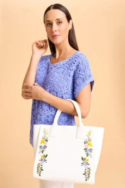 Floral Embroidery Leather Tote -Blue Illusion 8B FLORALEMBLEATHERTOTE 1993