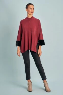 Cherry Faux Fur Trim Poncho
