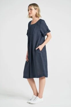 Pleated French Linen Dress -Blue Illusion PLEATEDFRENCHLINENDRESSNAVY7302597edit