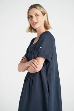 Pleated French Linen Dress -Blue Illusion PLEATEDFRENCHLINENDRESSNAVY7302603edit