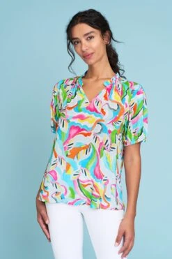 Printed Frill Neck Blouse -Blue Illusion PRINTEDFRILLNECKBLOUSE1122edit