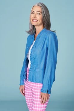 Ruffle Trim Linen Jacket 10 Ruffle Trim Linen Jacket -Blue Illusion RC RUFFLETRIMLINENJACKET2588edit