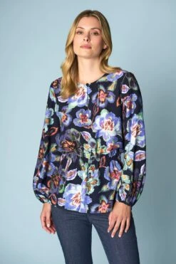 Painterly Flower Blouse -Blue Illusion TWISTNECKTOP8172edit